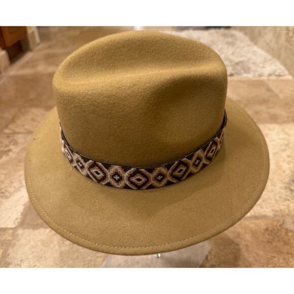 Gelso Bianco Made In Italy Wool Fedora Hat With Geometric Band Beige & Brown - Picture 2 of 5